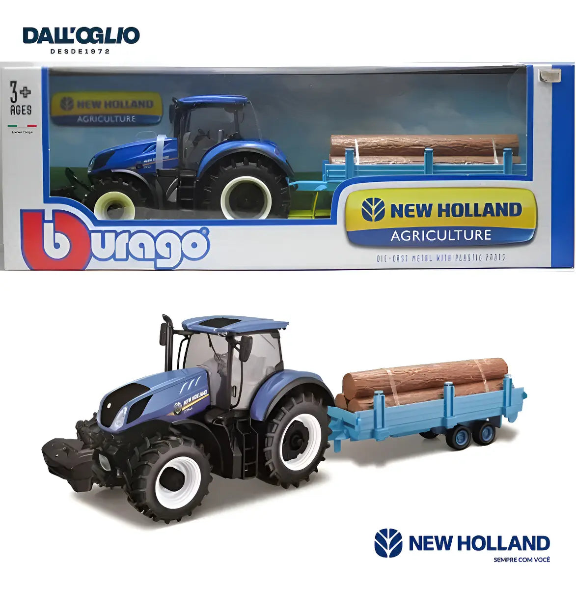 Miniatura Trator T7 Com Carreta E Toras New Holland - 25435NH