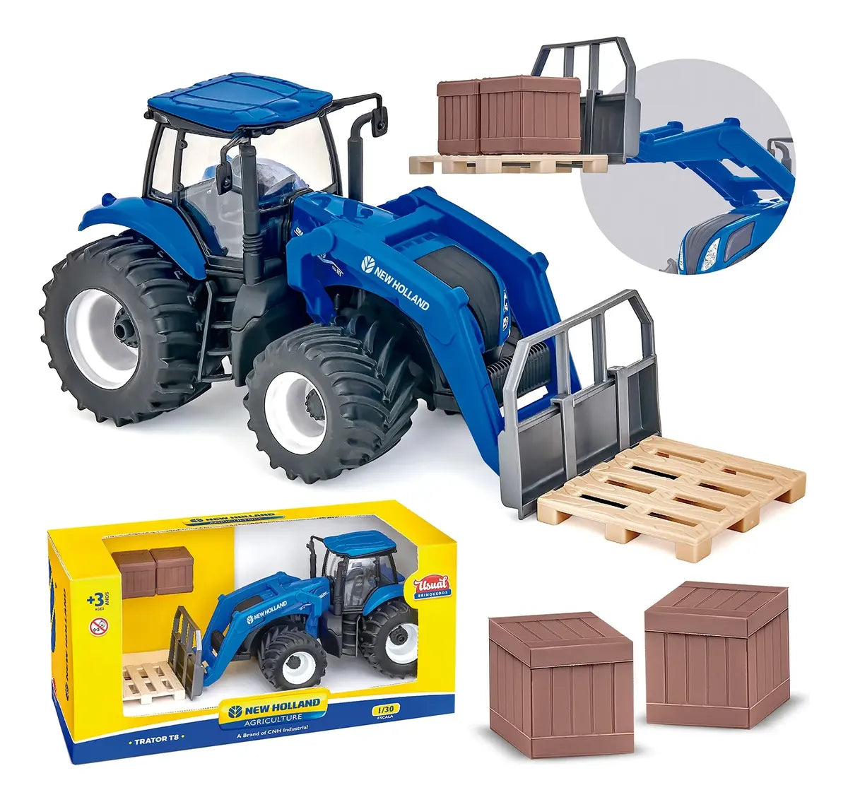 Miniatura Trator T8 Empilhadeira Com Acessórios New Holland - ENH60677NH